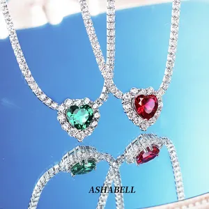 Luxury 925 Sterling Silver Ice Out Diamond Tennis Chain Shinny Zircon Big Ruby Emerald Heart Charm Wedding Necklace