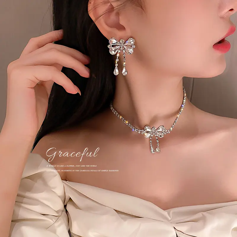 Braut Luxus Designer berühmte Diamant Bogen Halskette Ohrring Armband Hochzeit Set