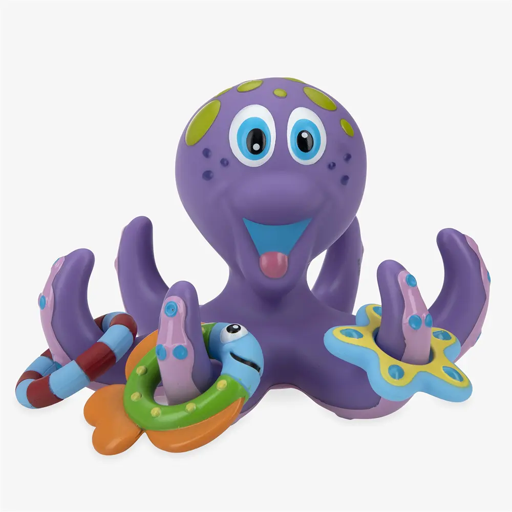 Baby Bades pielzeug, schwimmender lila Oktopus mit 5 Hoopla Ringen Interaktives Bades pielzeug //