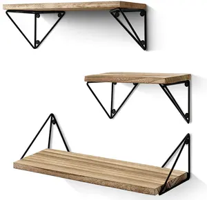 Set 3 Rustic Wood Floating Mounted Wall Shelves Single Hanging Rack Kitchen Living Room Bedroom Bathroom Storage Made Metal PC