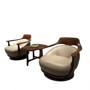 Modern New Solid Wood Swivel Accent Chair Black Leather Upholstered Leisure Armchair <b>Gold</b> Metal Base Hotel Use - Product Image 6