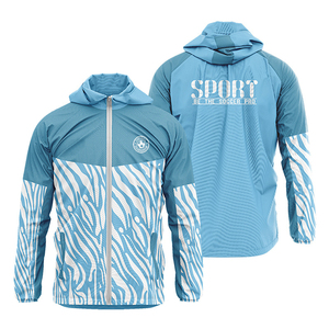 Hooded Full Sleeve Sports <b>Jacket</b> <b>Men</b> <b>White</b> Red Blue Color Blocking Sublimated Print Zipper Closure Breathable Polyester - Product Image 3