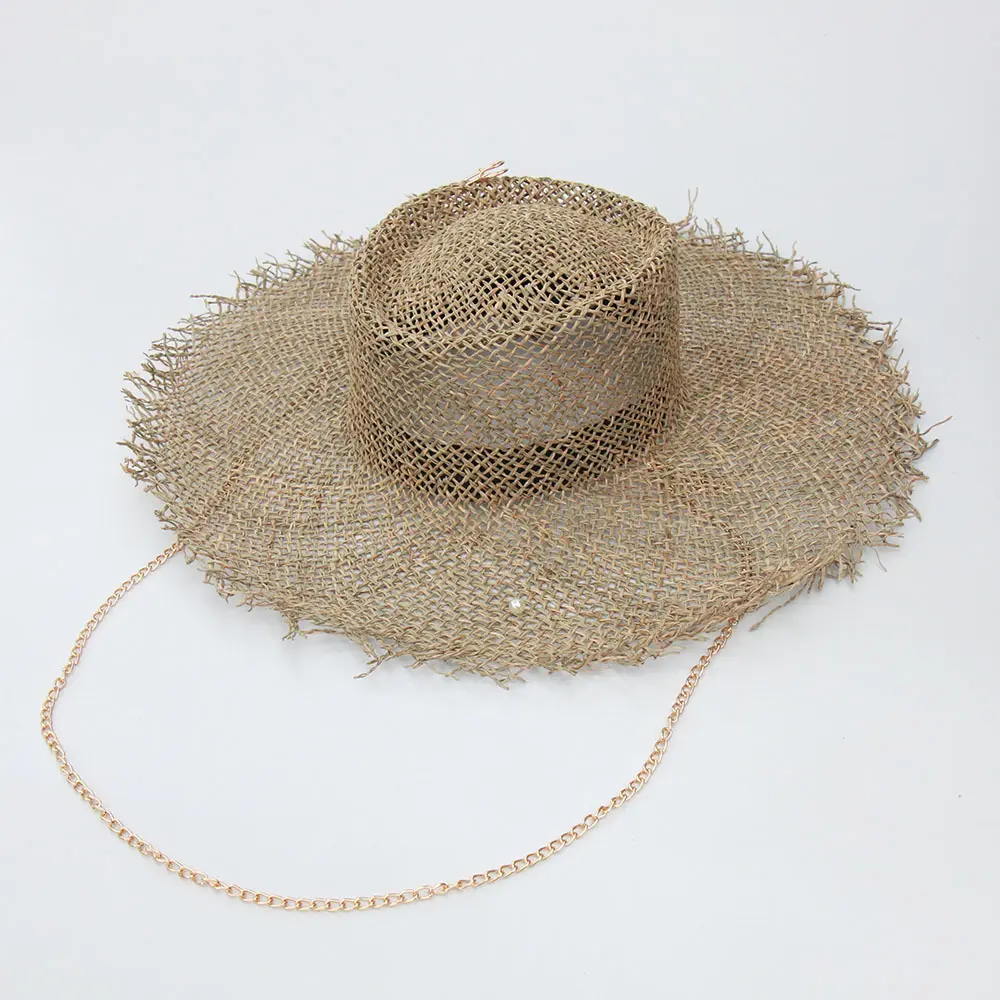 Lớn mái hiên tự nhiên cỏ biển bãi biển hat phụ nữ thời trang sombrero chuỗi kim loại ngọc trai trang trí mũ mặt trời