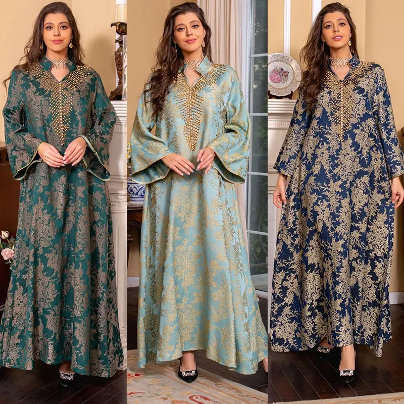 New EID hồi giáo ăn mặc cho phụ nữ beading đứng cổ áo jalabiya bên ăn mặc Arab dài áo choàng Morocco kaftan thêu sang trọng abaya