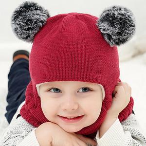 Cagoule d'hiver en tricot avec col à anneaux pour enfants, filles, garçons, couvre-visage à double <span class=keywords><strong>oreille</strong></span> et boules de poils, casquette chaude pour bébé, masque de ski - Product Image 3