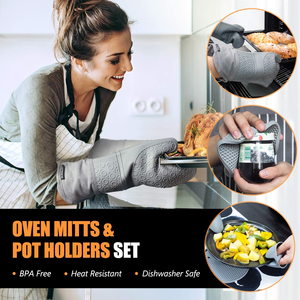 Kitchen Mitten Heat Insulation Rubber Silicone Non Resistant <b>Microwave</b> Cooking Baking Pot Holders Oven Mitts Set - Product Image 4