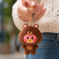 Zaves Wholesale Porte-clés en peluche mignon ours brun foncé avec capuche, écologique et durable, pour sacs à dos scolaires et clés de voiture, avec bouche jaune premium