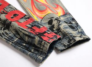 Jean slim vintage pour homme, taille mi-haute, délavage moyen, coupe droite, patchwork, confortable, style motard - Product Image 6