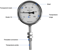 Termometer Bimetalik Digital Universal Radial-Aksial Tipe Pointer dari Baja Tahan Karat Termometer Bimetalik Tipe Thermowell