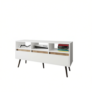 Mobile TV Picacho con 3 Cassetti e 3 Ripiani, Bianco Rovere Naturale, Stile Mid-Century Moderno per Soggiorno - Product Image 1