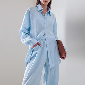 Boutique all'ingrosso 2024 estate ampia di <span class=keywords><strong>lino</strong></span> di cotone semplice camicia a maniche lunghe <span class=keywords><strong>pantaloni</strong></span> lunghi Casual da <span class=keywords><strong>donna</strong></span> - Product Image 1