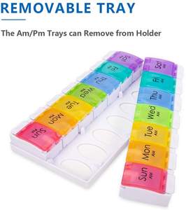 Gran oferta, caja de medicamentos AM/PM PP de 7 días, organizador de pastillas con botón pulsador de gran capacidad, cajas de almacenamiento de pastillas de arcoíris mixtas desmontables - Product Image 5