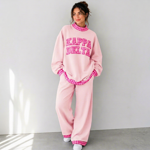Ensemble décontracté pour femme : Sweat-shirt oversize à col montant brodé patchwork et pantalon – Tenue décontractée pour femme - Product Image 1