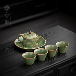 Retro Pottery Teapot And <b>Cups</b> <b>Set</b> Bamboo Green Glaze 6 Piece Kung Fu <b>Tea</b> <b>Set</b> With Lid For Afternoon <b>Tea</b> - Product Image 2