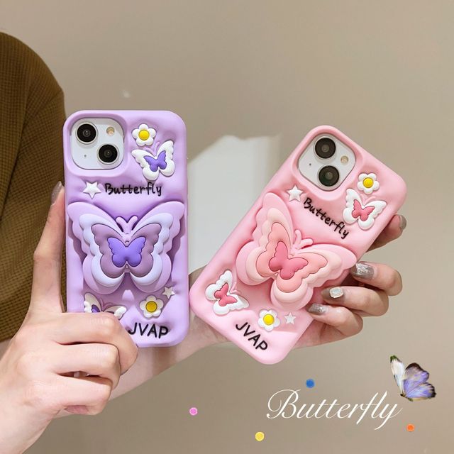 Butterfly 3D Cartoon Cute Bracket With Stand Silicone Phone Cover Case for iPhone 6 7 8 X 11 12 13 14 15 16 Pro Max Plus