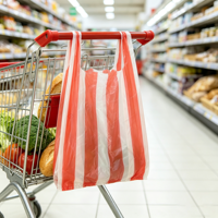 Sacs de courses en plastique HDPE jetables à poignées, rayés rouge-blanc, imprimés en héliogravure pour l'épicerie et la vente au détail