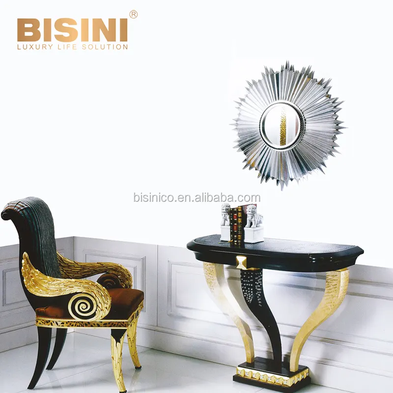 Luxury Elaborated Neoclassic Handmade Wood Carving Black Lacquer and Gold Console Table with Angel Wing Armchair
