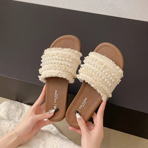 Women's Retro Pearl Flat Bottom Sandals Solid Color Casual Style Slip-On <b>Soft</b> Rubber Sole Comfortable Outdoor <b>Shoes</b> - Product Image 5