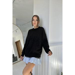 เสื้อสเวตเตอร์ถักสีดำผู้หญิงแขนยาวลำลองป้องกันขนร่วงตกแต่งด้วยลูกปัดลายซิกแซก - Product Image 2