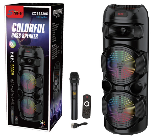 ZQS8220 Dual 8 Inch BT Party Speaker Portable Outdoor Karaoke Subwoofer With Wireless Mic RGB Flash Light Factory Spot Supply