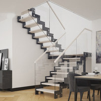 Escalier droit sur mesure en acier et bois à double poutre pour villa, avec poutres inclinées et rampes en verre et bois massif, pour intérieur de duplex et loft