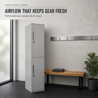 Armoire de rangement en acier avec poignée encastrée et deux clés, portes ventilées, casier métallique à compartiments supérieur et inférieur
