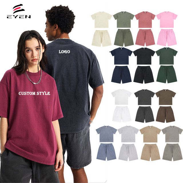 Wholesale Manufacturer Custom Washed Vintage t Shirt and Shorts Clothing Unisex 100% Cotton Streetwear Men Tracksuit Tshirt Set