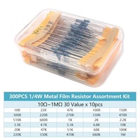 Paquete de 300 Resistencias de Película Metálica de 1/4W, Precisión del 1%, Valor de Resistencia de 10R-1M, 30 Tipos, 10 Bolsas en Caja