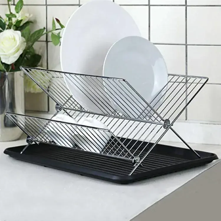 Dobrável X Forma 2 Tier Dish Drainer Plate Rack com Drainboard