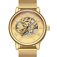 Montre mécanique avec cadran squelette complet, chiffres romains, mouvement automatique, bracelet en maille milanaise, boîtier doré
