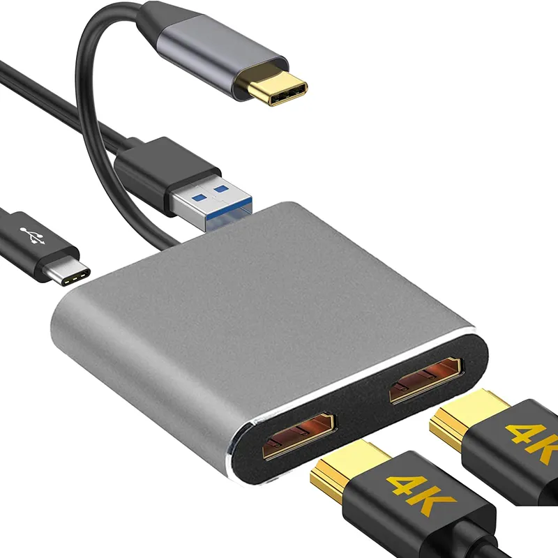 Adaptateur Portable 4 en 1 Type C vers double HDMI 4K 30HZ USB 3.0 Hub adaptateur Multiport convertisseur USB-C Hub adaptateur USB C HDMI