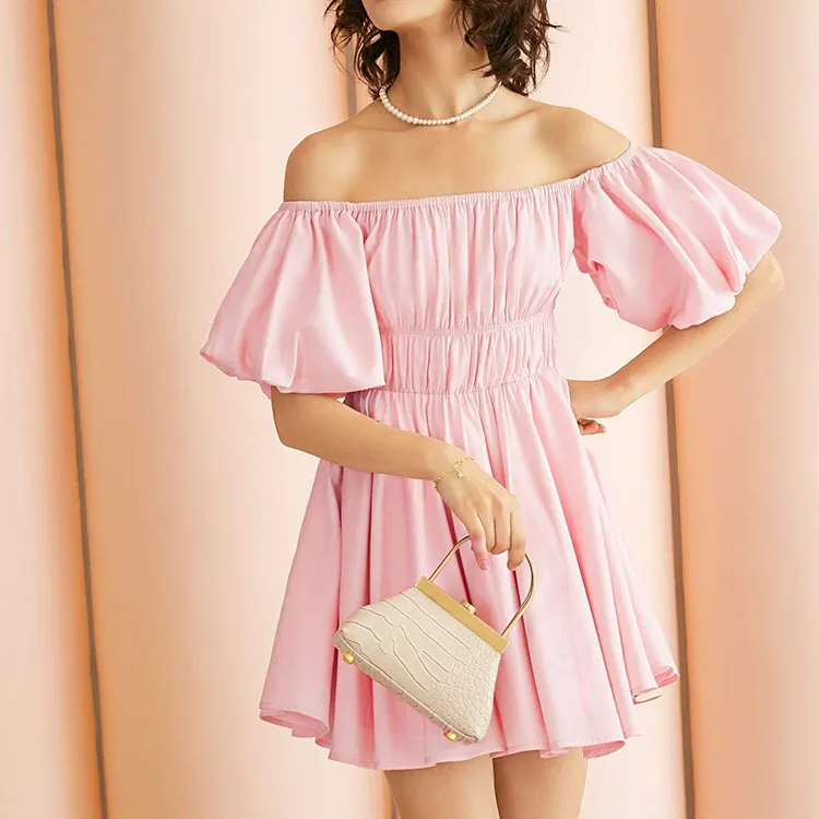 2023 New Fashion Sweet Off Shoulder Summer Mini Dress Ruffle Dress For Lady Petal Pink Princess Dress