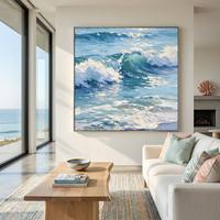 Peinture à l'huile sur toile peinte à la main, sur mesure, grande taille, bleu et blanc, texture 3D épaisse, couteau à palette, vagues océaniques, art mural pour salon