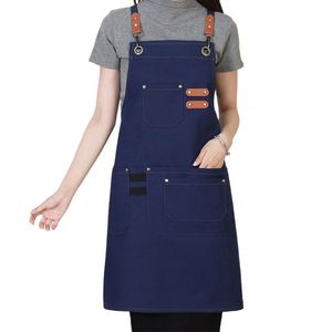 Tabliers de travail unisexes pour cuisine et restaurant avec poches, tabliers de chef et de serveur bleus, logo personnalisable - Product Image 1