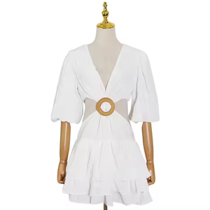 Nuevo vestido elegante con logotipo personalizado de primavera, manga de burbuja, cuello en <span class=keywords><strong>V</strong></span>, Mini vestido de verano informal Sexy para mujer - Product Image 5
