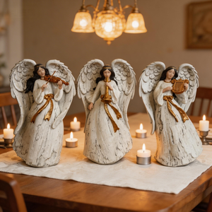 Set di 3 Statue di Angeli Musicali in Resina da 25 cm, <span class=keywords><strong>Angelo</strong></span> Bianco e Oro con Violino, Tromba e Arpa, Elegante Decorazione Natalizia per la Casa - Product Image 1