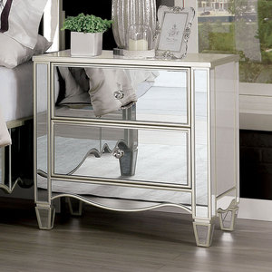 Glam Silver Finish Nightstand <b>Mirror</b> <b>Panels</b> Curved Feet Crystal Knobs Bedside Table Bedroom Furniture - Product Image 1