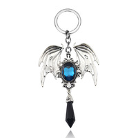 Collier et porte-clés gothiques Aile de Démon en métal argenté antique avec pendentif goutte en cristal multicolore, bijou cadeau pour fête d'Halloween