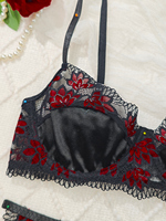 Ensemble de lingerie pour femmes, noir et rouge, broderie en dentelle, 4 pièces, ensemble de lingerie sexy, porte-jarretelles, sous-vêtements, tenue pour femmes