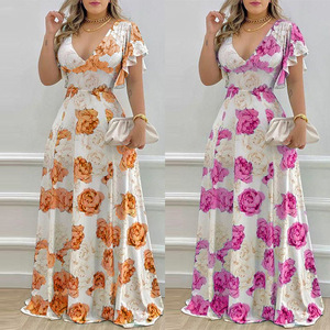 Nouvelle robe longue décontractée d'été pour femmes, sexy, à col en V, taille empire, broderie florale en dentelle, tissée, style swing - Product Image 6