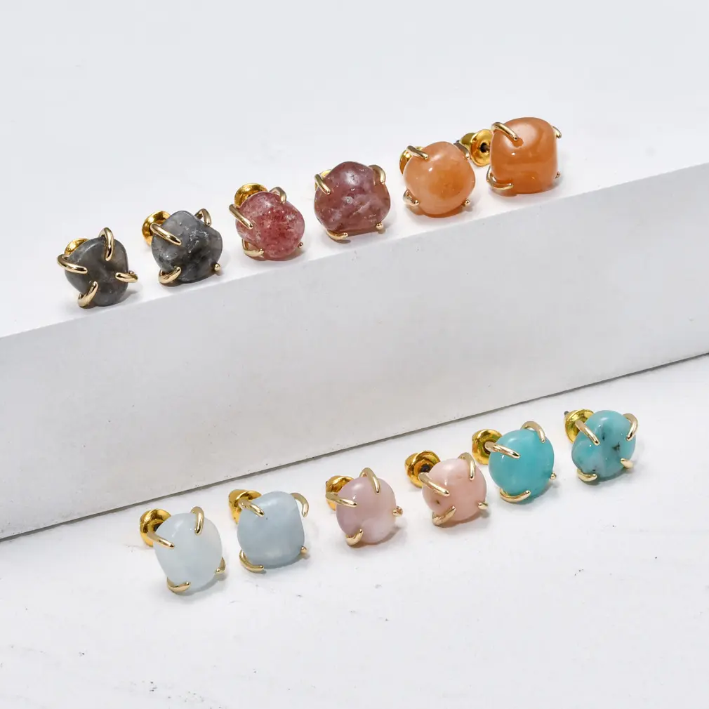 European Hot 18K Gold Plated Natural Stone Stud Earrings Multi Color Amethyst Agate Earrings Colorful Beads Stud Earrings