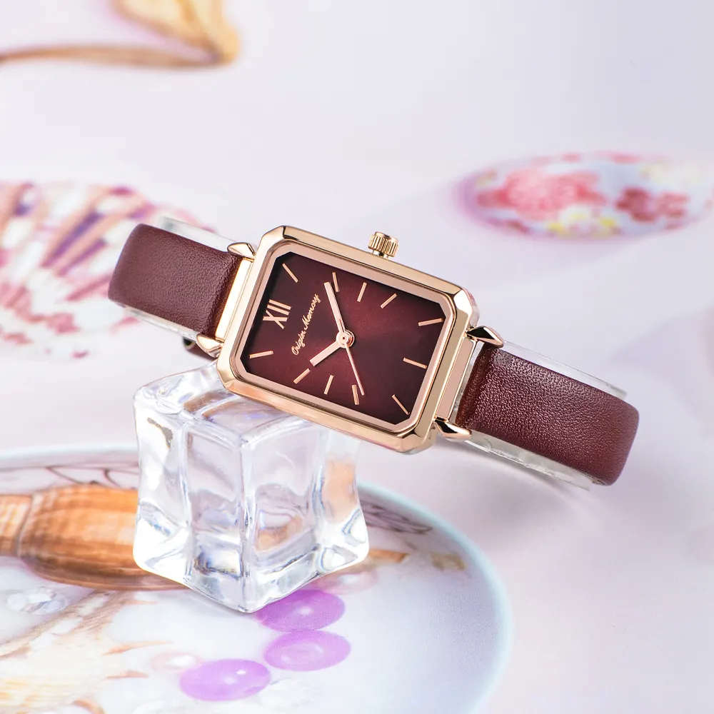 Lady watch Red wine rectangle leather band Quartz Watches Waterproof Women Wrist Leather Strap Watch