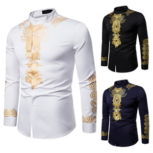 Nouvelle chemise africaine pour homme à manches longues, imprimé or métallisé, col mandarin, chemise traditionnelle ethnique pour festival, mariage, Dashiki - Product Image 2