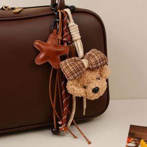 Llavero de peluche vintage con cabeza de perro, lazo a cuadros y cordón trenzado con estrella, colgante para bolso, accesorio de moda suave y ecológico, personalizado - Product Image 1