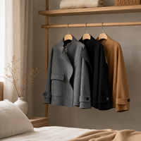 Manteau en laine double face court pour femme, col montant, revers irrégulier, gris, noir, camel, plusieurs coloris disponibles