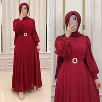 Robe musulmane pour femme de Dubaï, manches longues, col rond, couleur unie, en mousseline de soie, Abya avec ceinture