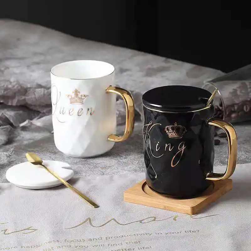 Custom Logo Gouden Handvat Keramische Koffie Bruiloft Koningin Koning Paar Mok Cadeau Set
