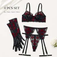 Ensemble de lingerie pour femmes, noir et rouge, broderie en dentelle, 4 pièces, ensemble de lingerie sexy, porte-jarretelles, sous-vêtements, tenue pour femmes