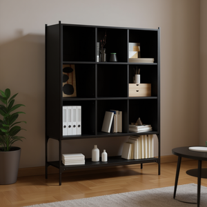 Estantería de Madera Sintética Negra y Acero con 9 Compartimentos, Estilo Moderno y Minimalista, para Sala de Estar, Mueble para el Hogar - Product Image 2