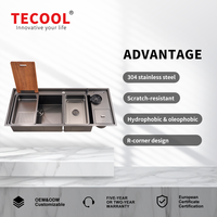 Évier de cuisine double cuve luxueux fait main en acier inoxydable 304 nano, à trois trous, sous plan, personnalisable, avec fonction de lavage de tasses